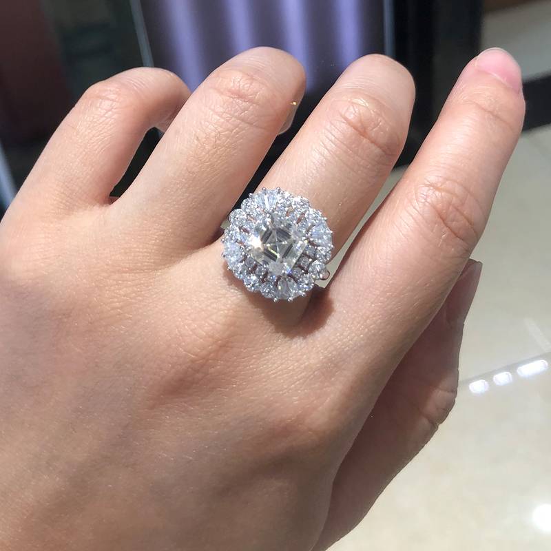 豪华阿斯切Women's RingS925银镀白金定制选款主石Moissanite2.5ct/副石高碳钻